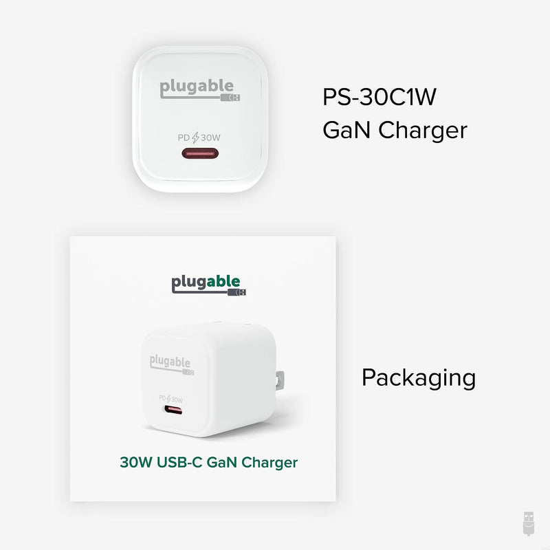 Plugable GaN USB-C Wall Charger, 30W, White (PS-30C1W)