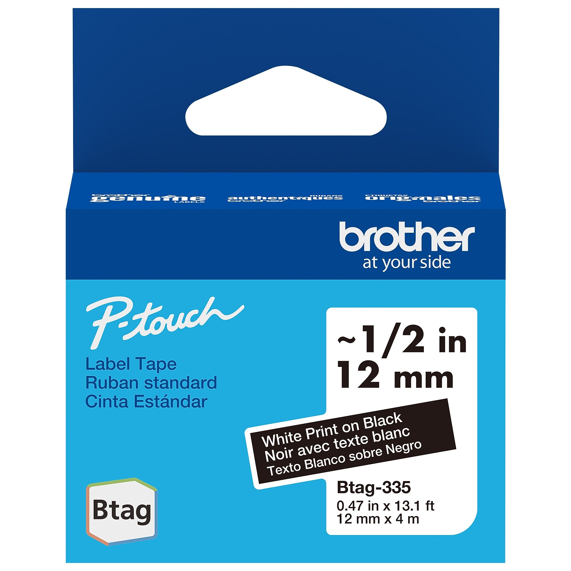 Brother P-touch Btag Label Tape, 1/2" x 13.1' (12mm x 4m), White on Black (BTAG335)