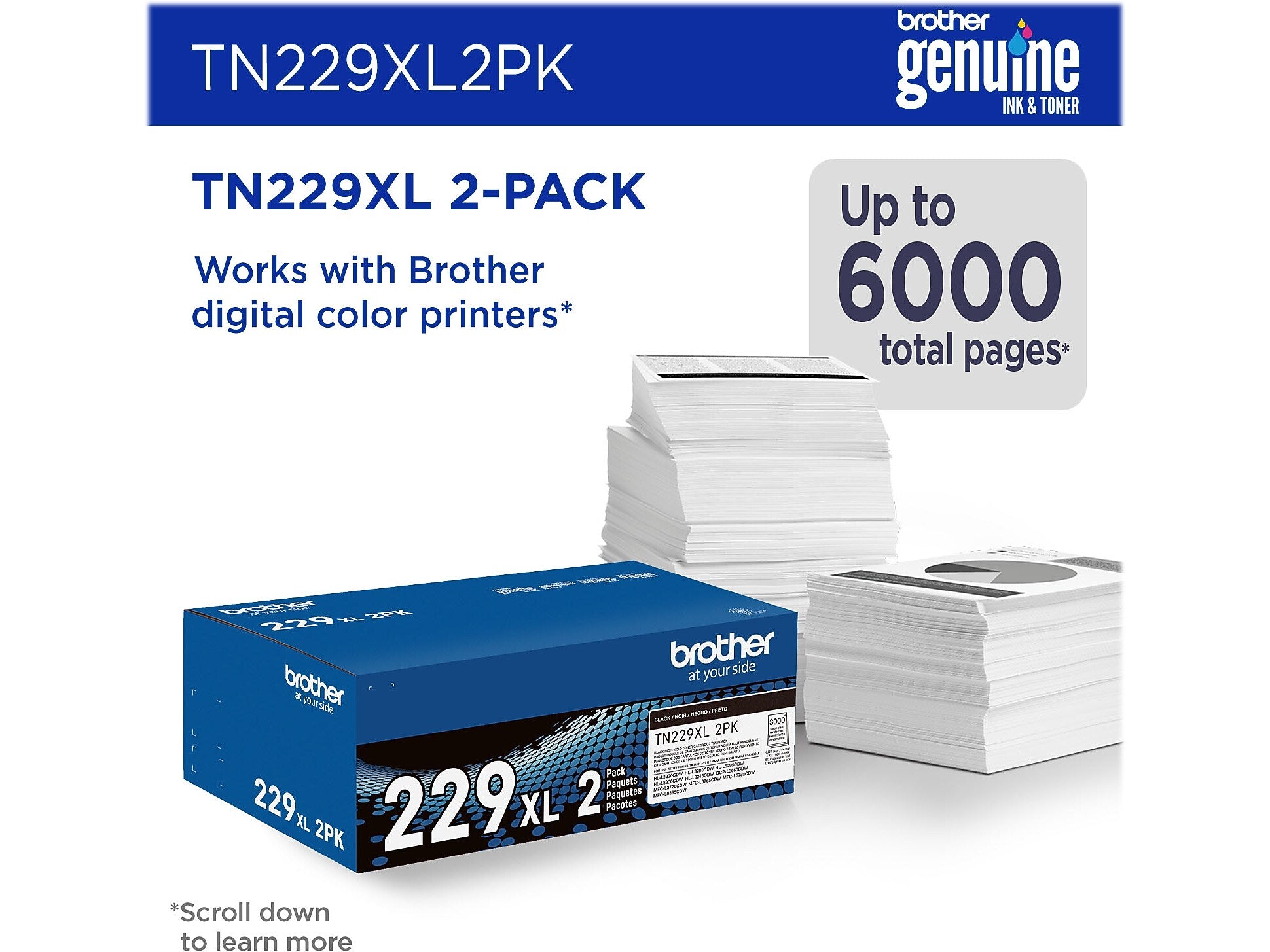 Brother TN229XL Black High Yield Toner Cartridge, 2/Pack (TN229XL2PK)