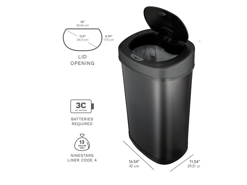 Nine Stars Stainless Steel Sensor Trash Can, 13.2-Gallon, Black (DZT-50-9BK)