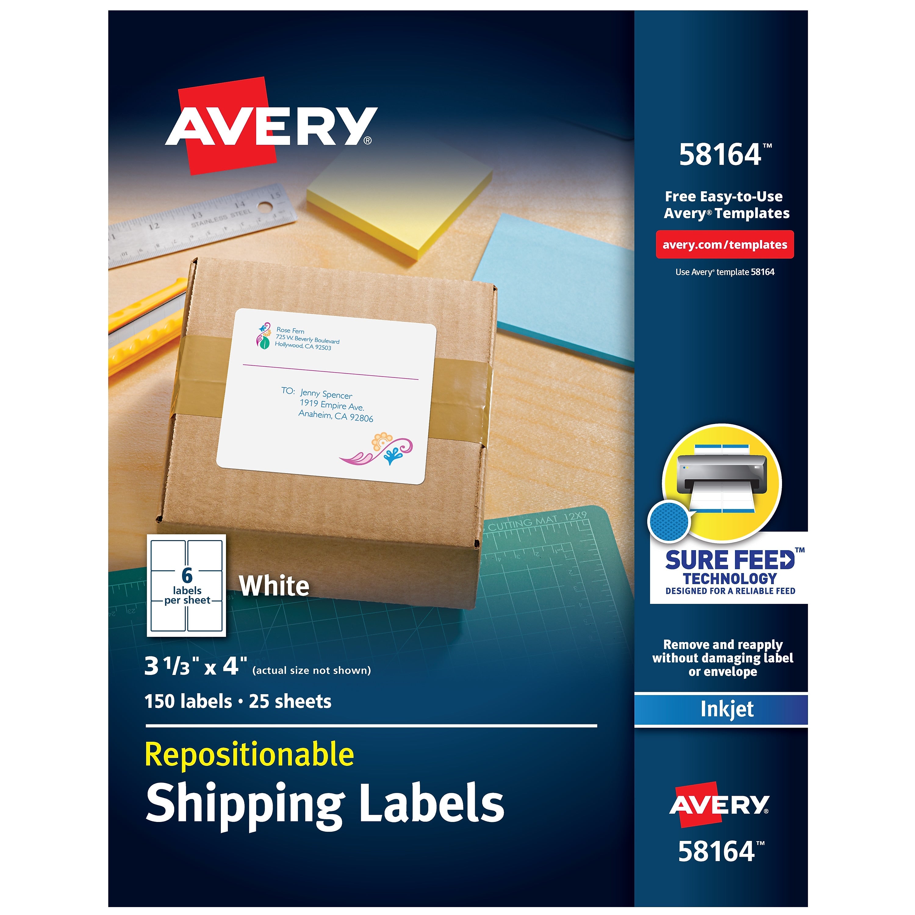 Avery Repositionable Inkjet Shipping Labels, 3-1/3" x 4", White, 150 Labels/Pack (58164)