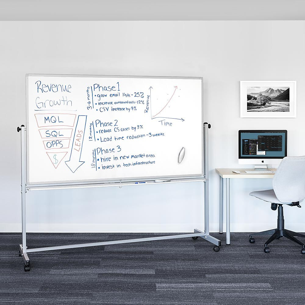 Luxor Double Sided Magnetic Porcelain Mobile Dry-Erase Whiteboard Easel, Aluminum Frame, 72"W x 40"H (DEMW002)