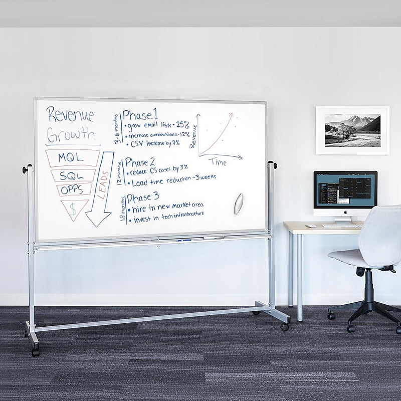 Luxor Double Sided Magnetic Porcelain Mobile Dry-Erase Whiteboard Easel, Aluminum Frame, 72"W x 40"H (DEMW002)