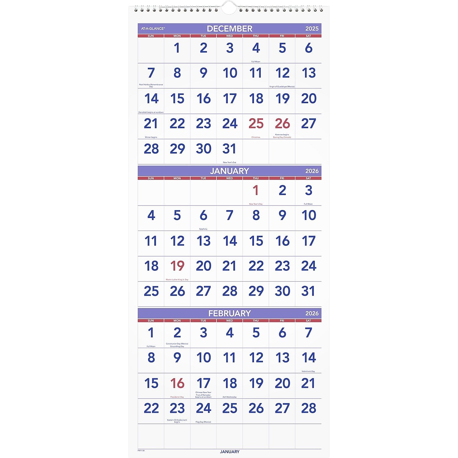 2026 AT-A-GLANCE 12" x 27" Three-Month Wall Calendar, White/Purple (PM11-28-26)
