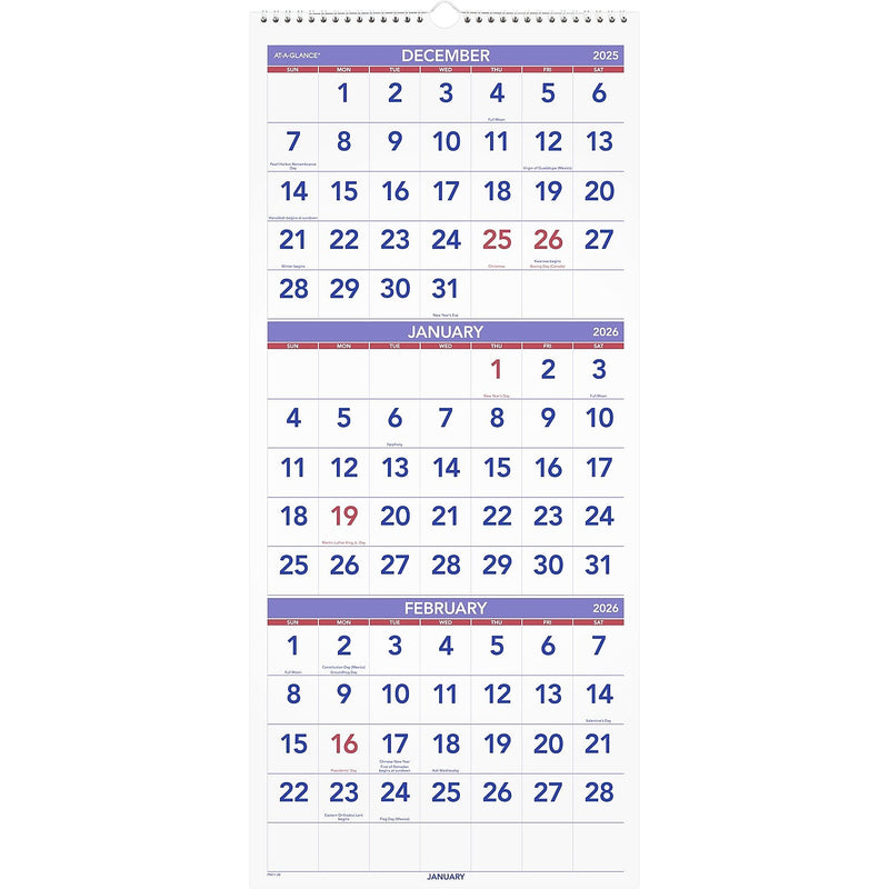 2026 AT-A-GLANCE 12" x 27" Three-Month Wall Calendar, White/Purple (PM11-28-26)