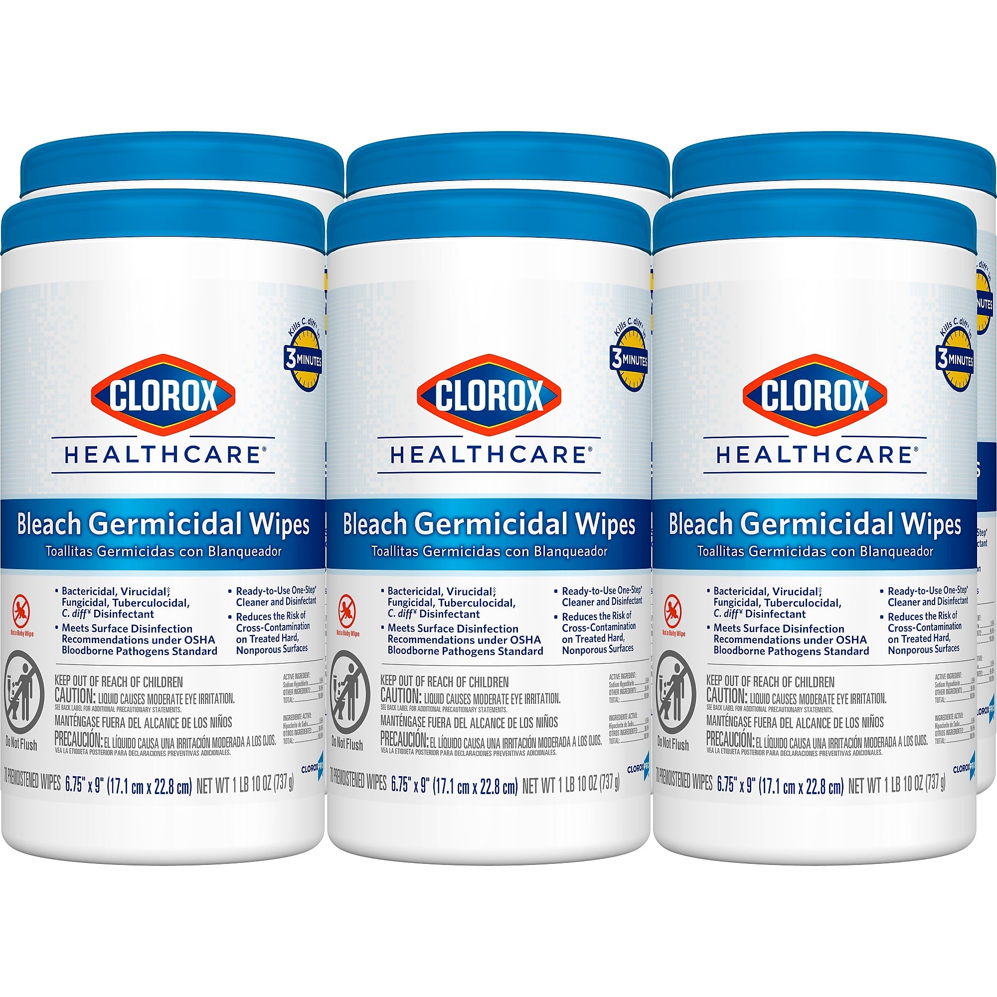 Clorox Healthcare Bleach Germicidal Wipes, 70 Wipes/Container, 6/Carton (CLO35309CT)