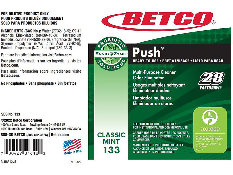 Betco Green Earth Push Enzyme Multipurpose Cleaner Secondary Label, 4" x 6", Multicolor, 24 Labels/Pack (1339090)