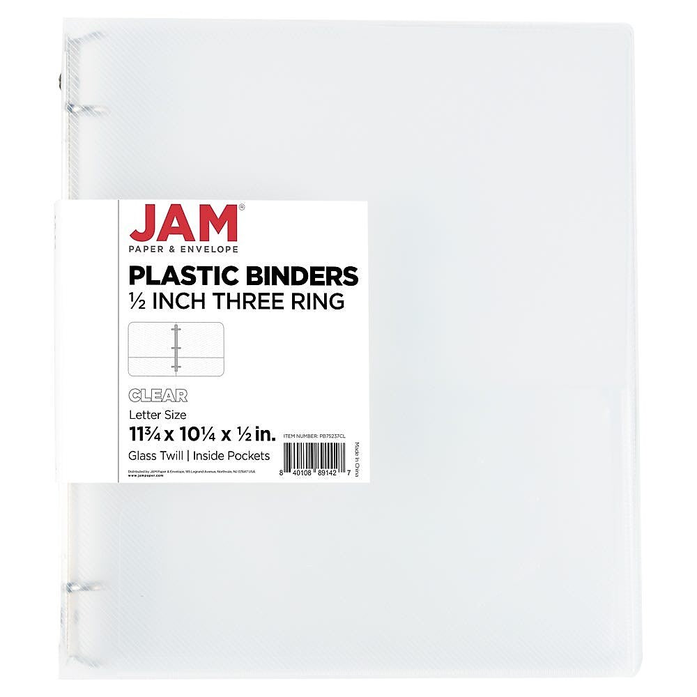 JAM Paper 1/2" 3-Ring Flexible Poly Binder, Clear (PB75237CL)