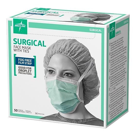 Medline Disposable ASTM Level 1 Surgical Face Masks with Ties, Green, 300/Carton (NON27379A)