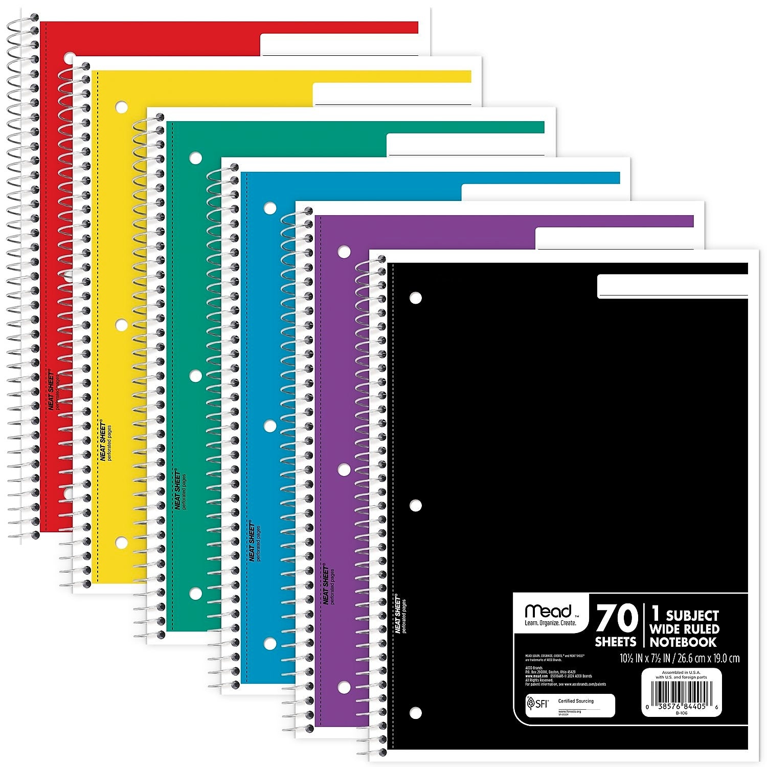 Mead 1-Subject Notebooks, 8" x 10.5", Wide Ruled, 70 Sheets, Assorted Colors (05510)