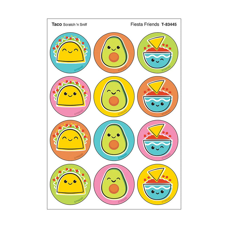 Trend Enterprises Fiesta Friends Taco scent Scratch 'n Sniff Stinky Stickers, Multicolored, 48/Pack, 6/Packs/Bundle (T-83445-6)