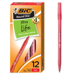 BIC Round Stic Xtra Life Ballpoint Pens, Medium Point, 1.0mm, Red Ink, Dozen (20118/GSM11RD)