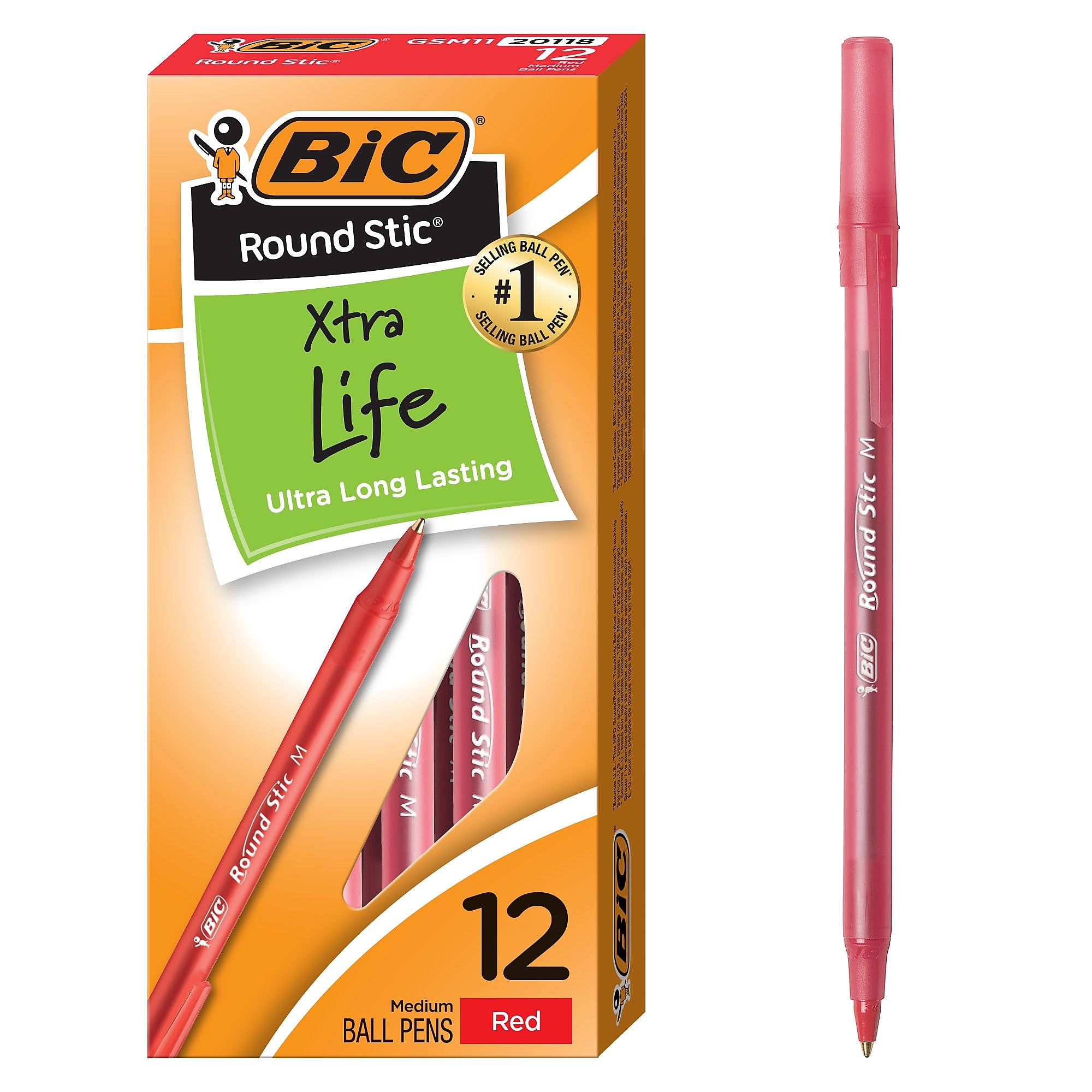 BIC Round Stic Xtra Life Ballpoint Pens, Medium Point, 1.0mm, Red Ink, Dozen (20118/GSM11RD)
