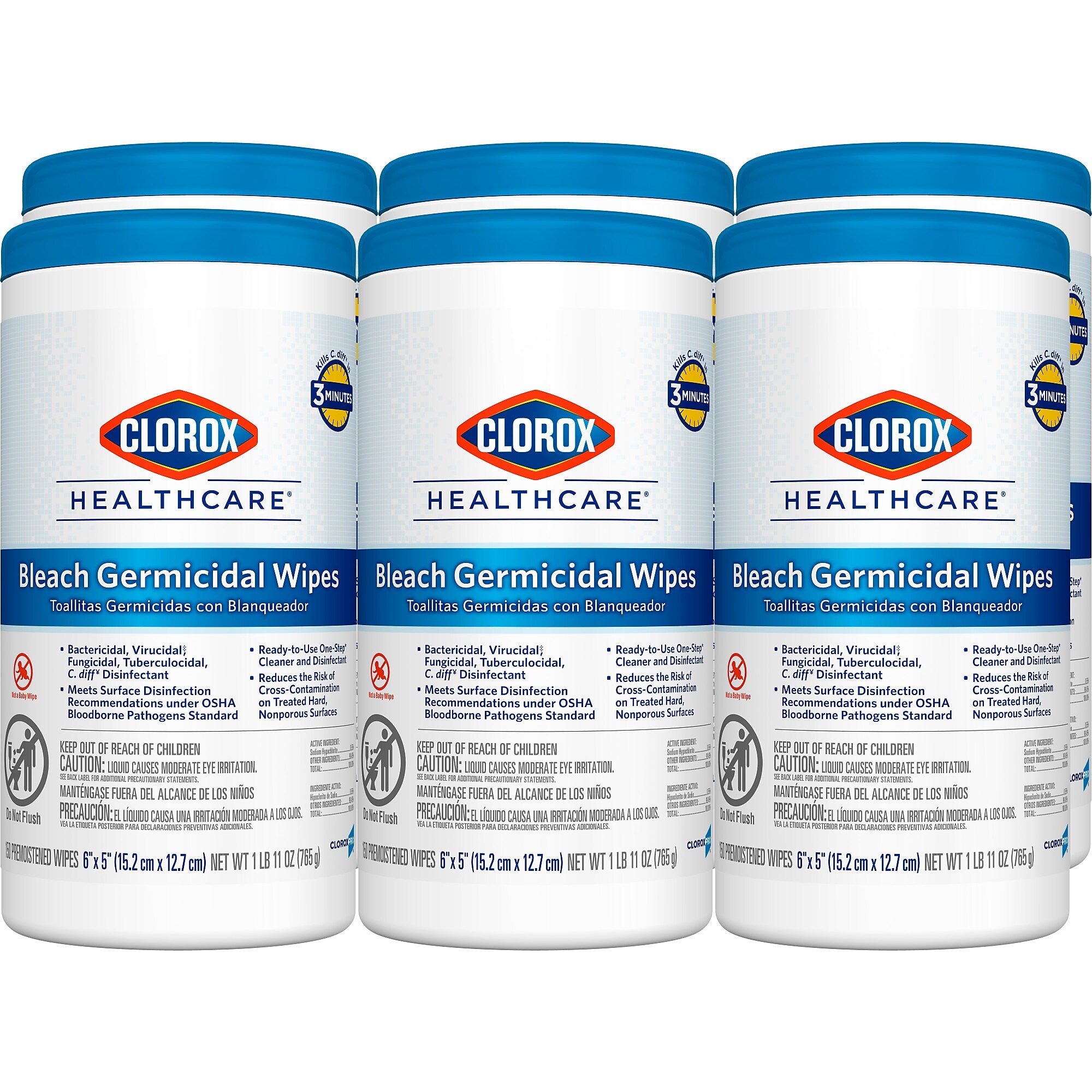 Clorox Healthcare Bleach Germicidal Wipes, 150 Wipes/Container, 6/Carton (30577)