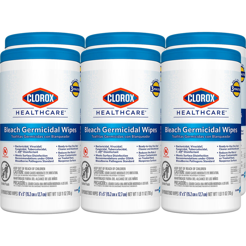 Clorox Healthcare Bleach Germicidal Wipes, 150 Wipes/Container, 6/Carton (30577)