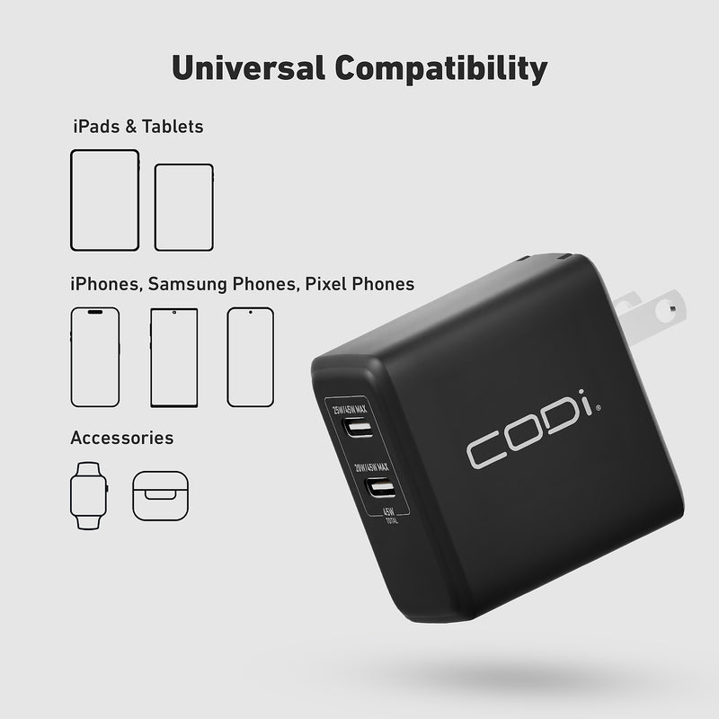 CODi PowerLine+ Dual USB-C Wall Charger, 45W, Black (WC045-2C)