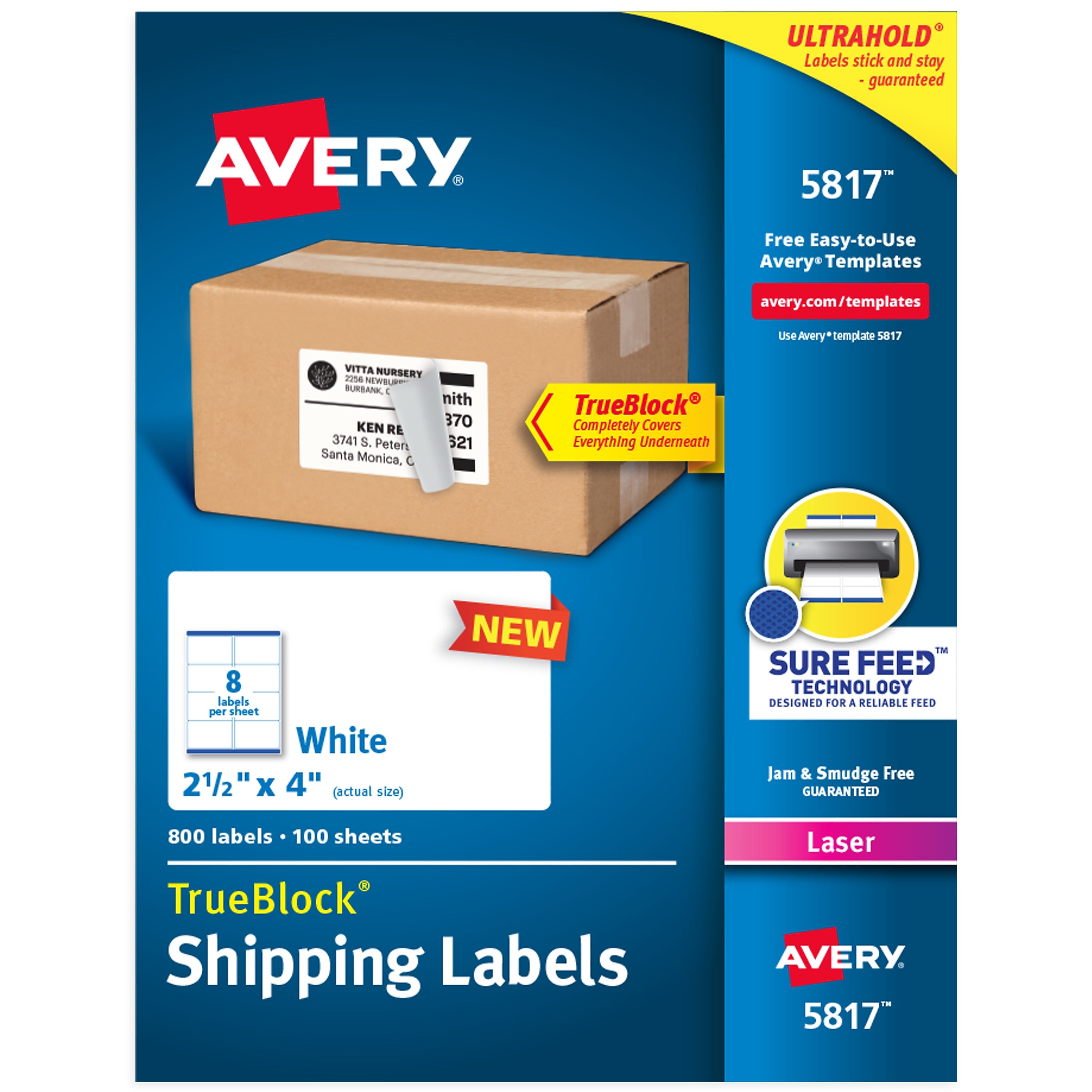 Avery TrueBlock Laser Shipping Labels, 2-1/2" x 4", White, 800 Labels/Box (5817)