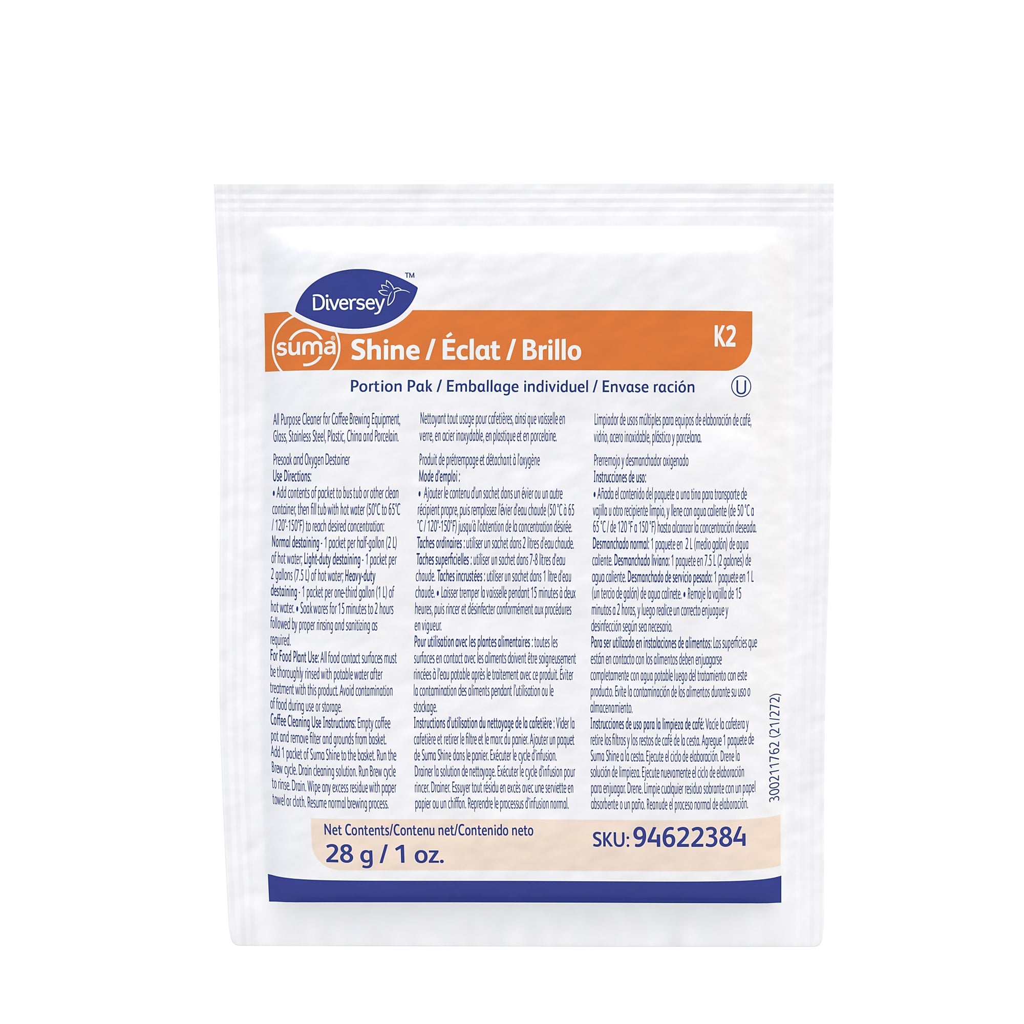 Diversey Suma Shine Portion Pak, Unscented, 0.99 oz., 100/Carton (94622384)