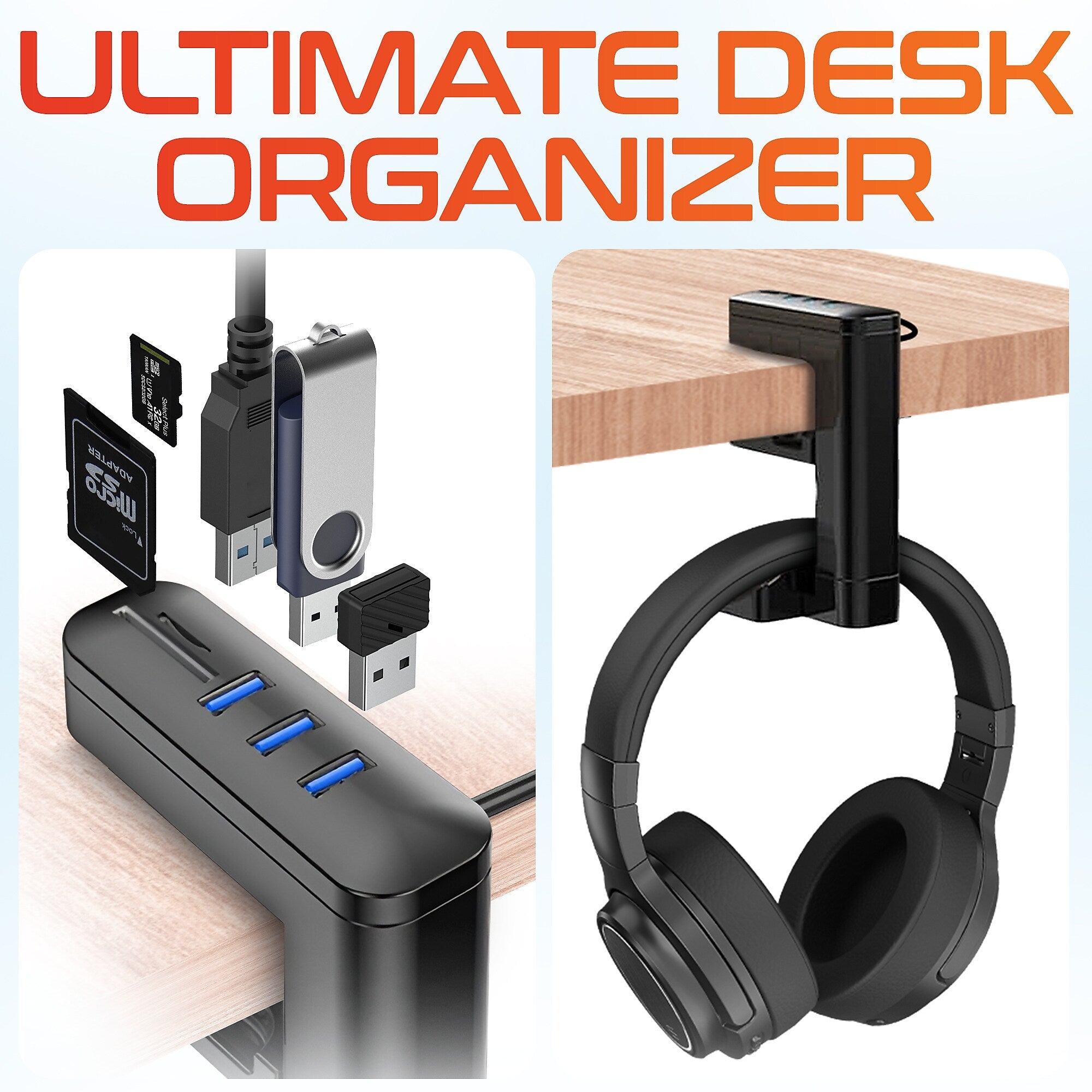 Delton HS7 Headset Stand with Under-Desk Holder and 3 USB-A Ports, Black (DHS3USB)