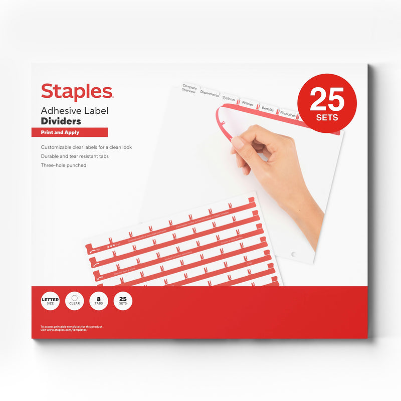 Staples Print & Apply Label Dividers, White, 8-Tabs, 25 Sets (ST63054)