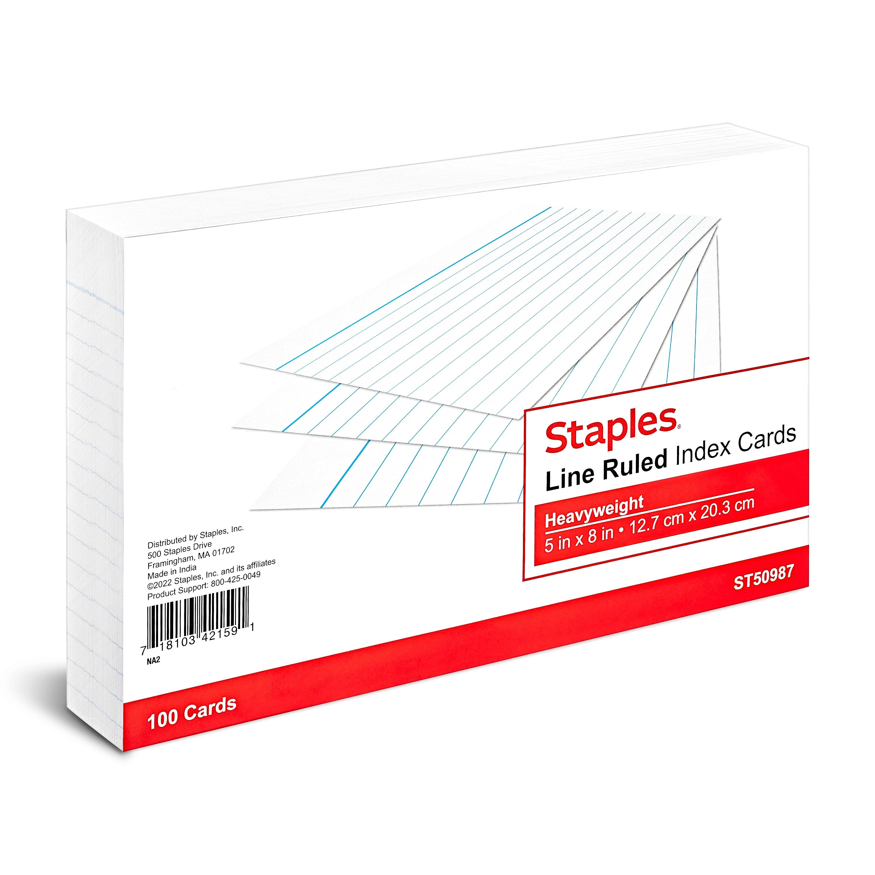 Staples™ 5" x 8" Index Cards, Lined, White, 100/Pack (TR50987)