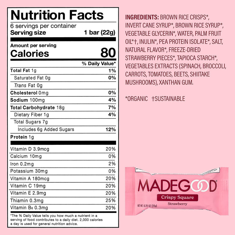 Madegood Gluten Free Strawberry Crispy Squares, 0.78 oz., 6/Box, 6 Boxes/Pack (307-00428)