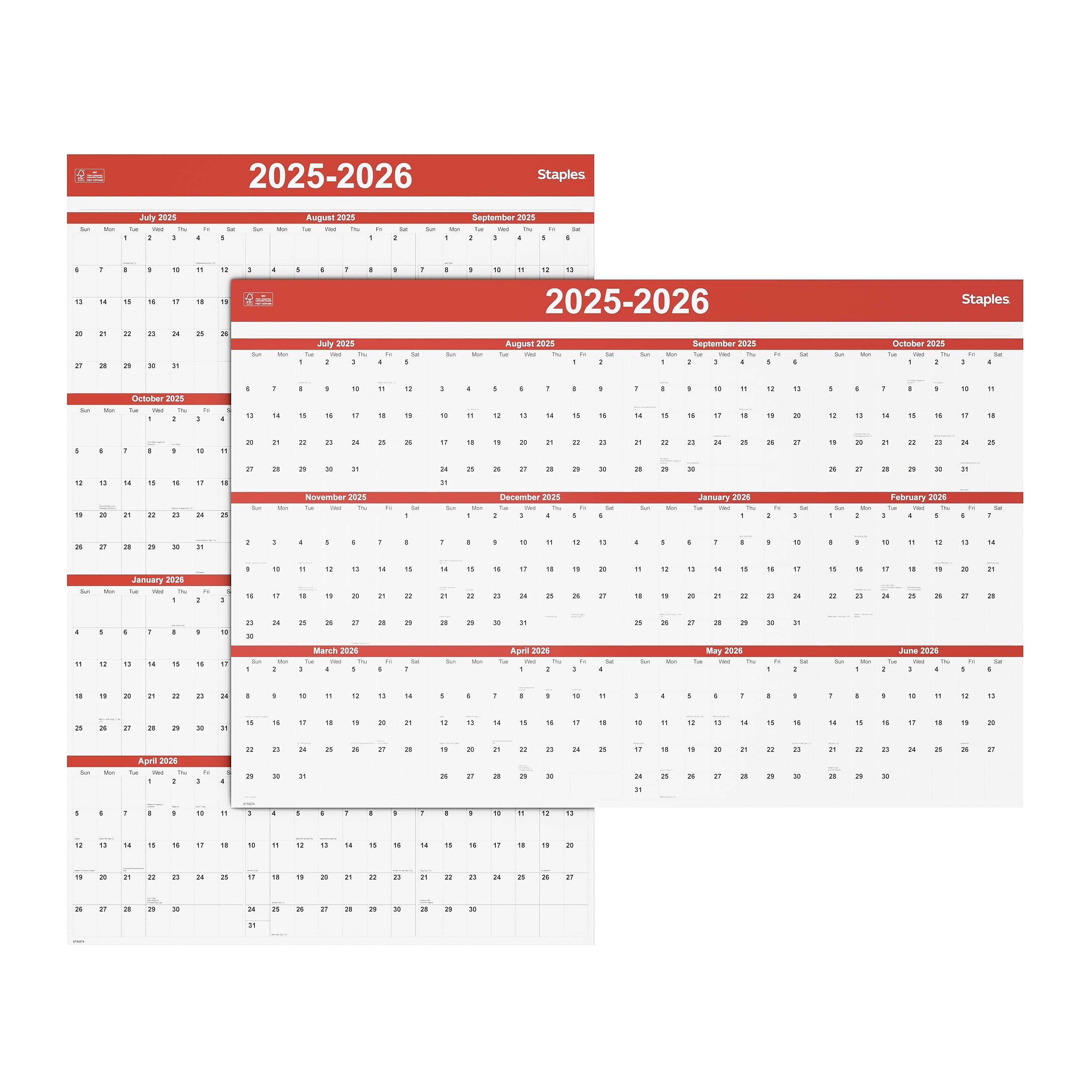 2025-2026 Staples 32" x 48" Academic Yearly Dry-Erase Wall Calendar, Red/White (ST54274-25)