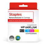 Staples 64XL/64 Remanufactured Black High Yield and Tri-Color Ink Cartridges Replacement for HP 3YP23AN#140, 2/Pack