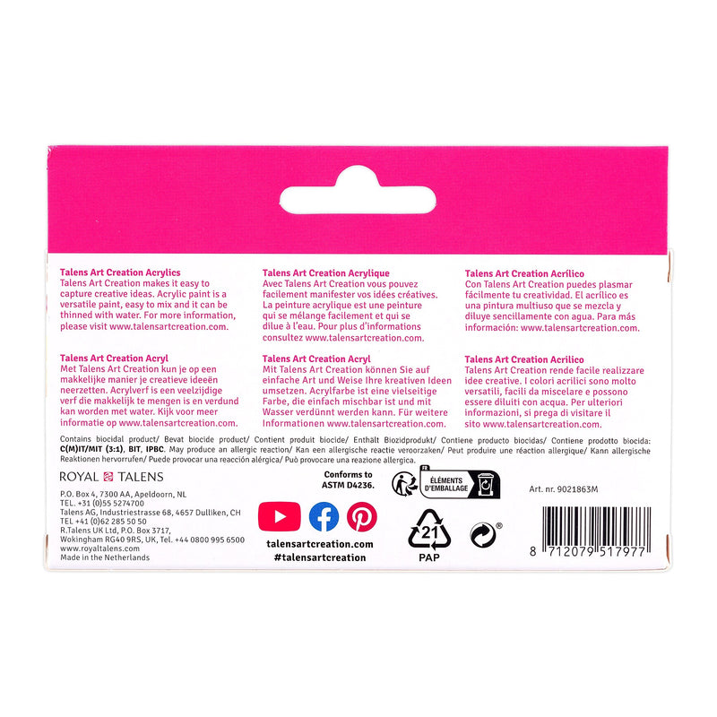 Talens Art Creation Acrylic Paint, Assorted Colors, 12mL, 6/Set, 3 Sets/Bundle (TLN9021863M-3)