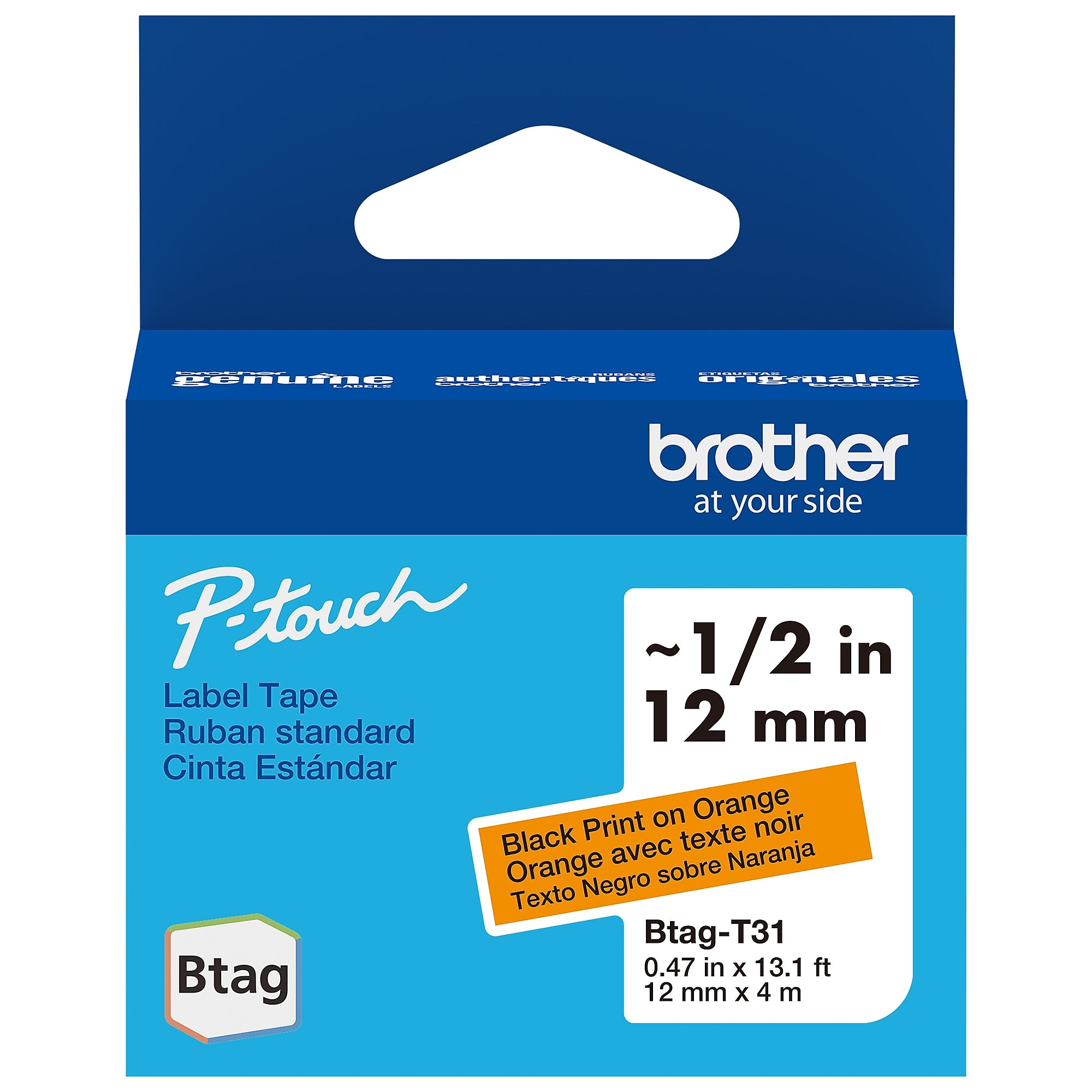 Brother P-touch Btag Label Tape, 1/2" x 13.1' (12mm x 4m), Black on Orange (BTAGT31)