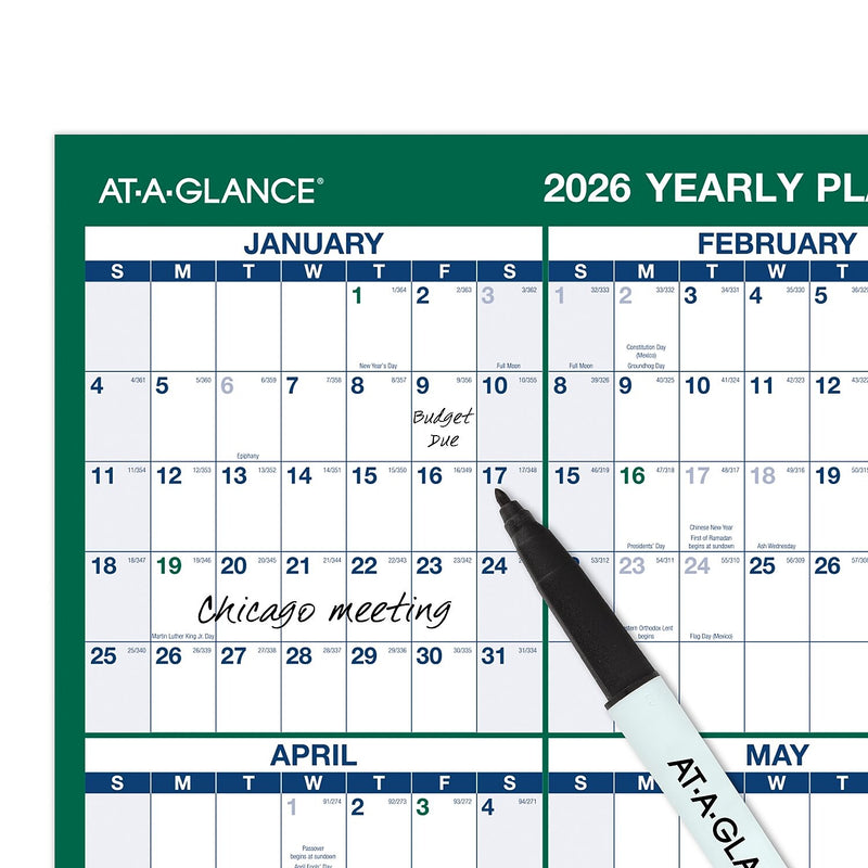 2026 AT-A-GLANCE 24" x 36" Yearly Dry Erase Wall Calendar, Reversible, White/Green (PM210-28-26)