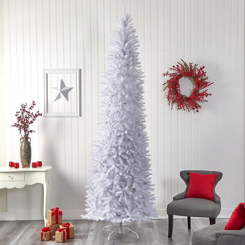 Nearly Natural 10-ft Slim White Artificial Christmas Tree with 800 Warm White LED Lights and 2420 Bendable Branches (T3364)
