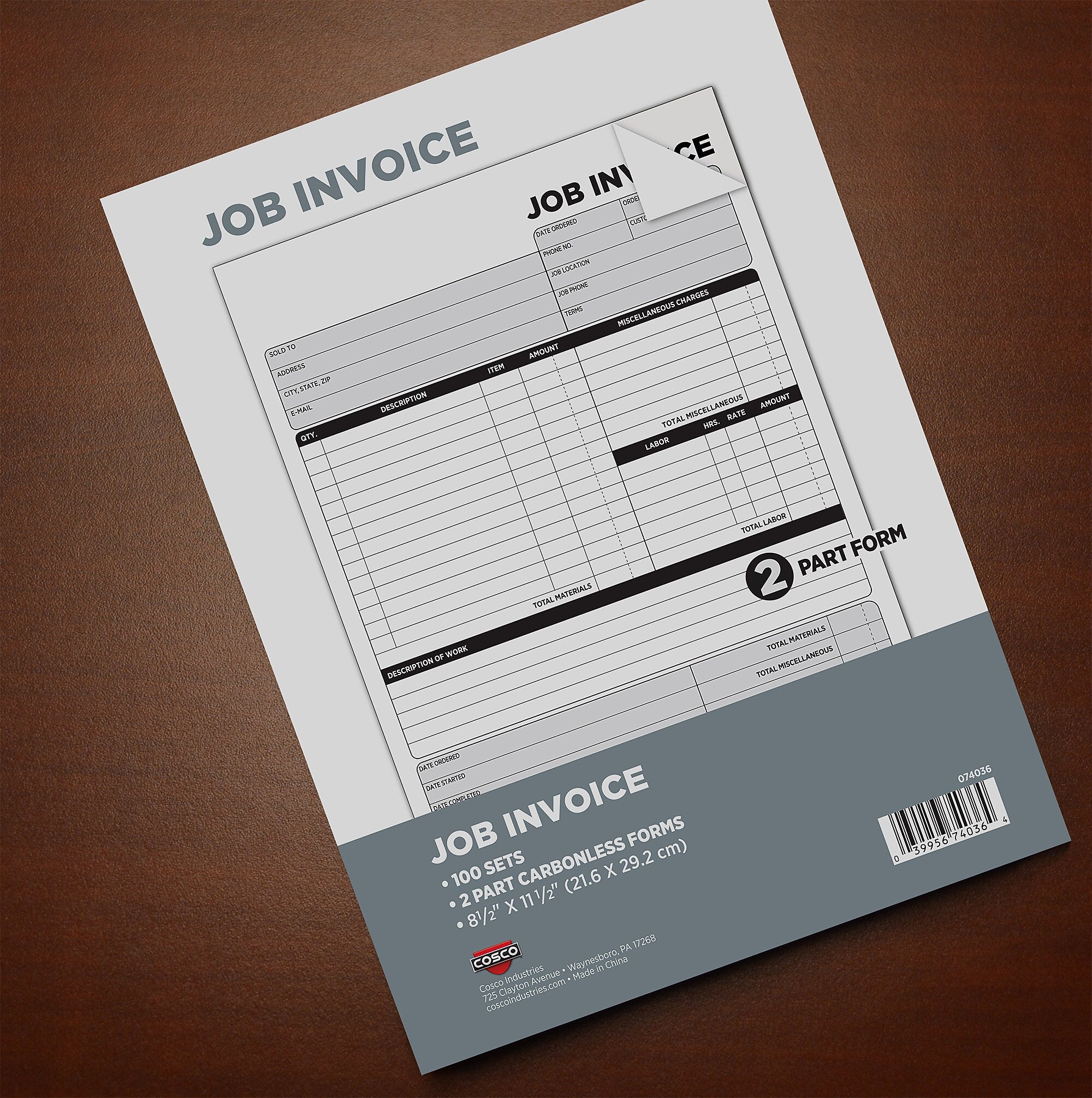 Cosco 2-Part Carbonless Job Invoice, 8.5" x 11.5", 100 Sets/Book (074036PK5)