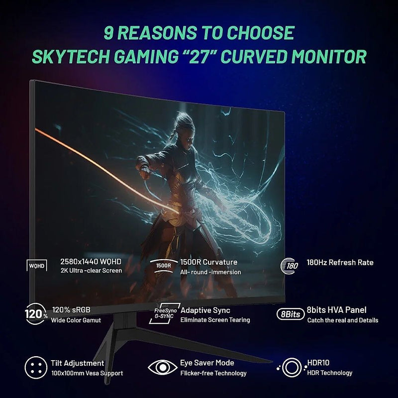 Skytech Moon Shadow 27" Curved 2K 180 Hz Gaming Monitor, Black (MT-MOONSHADOW-0001-B-SK)