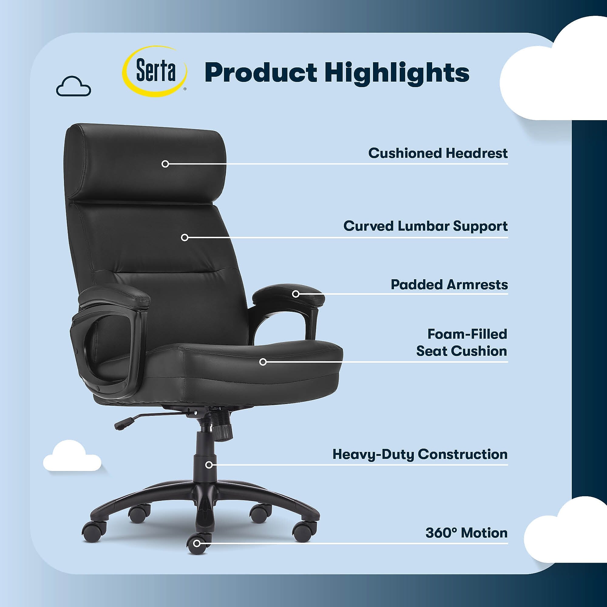Serta Comfort Big & Tall Ergonomic Bonded Leather Swivel Executive Chair, Black (CHR10131A)