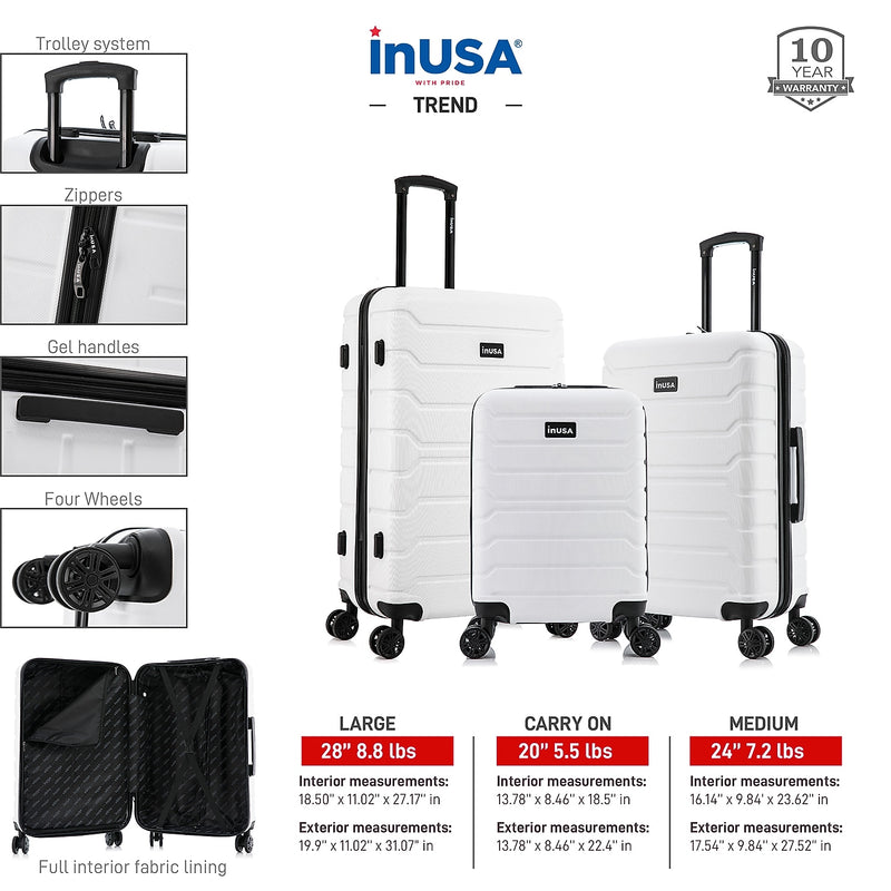 InUSA Trend 3-Piece Hardside Spinner Carry-On Luggage Set, TSA Checkpoint Friendly, White (IUTRESML-WHI)