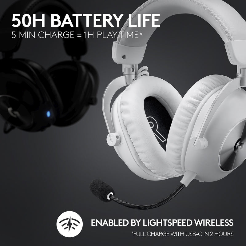 Logitech PRO X 2 LIGHTSPEED Wireless Bluetooth Stereo Gaming Over-the-Ear Headset, 3.5mm, White (981-001268)