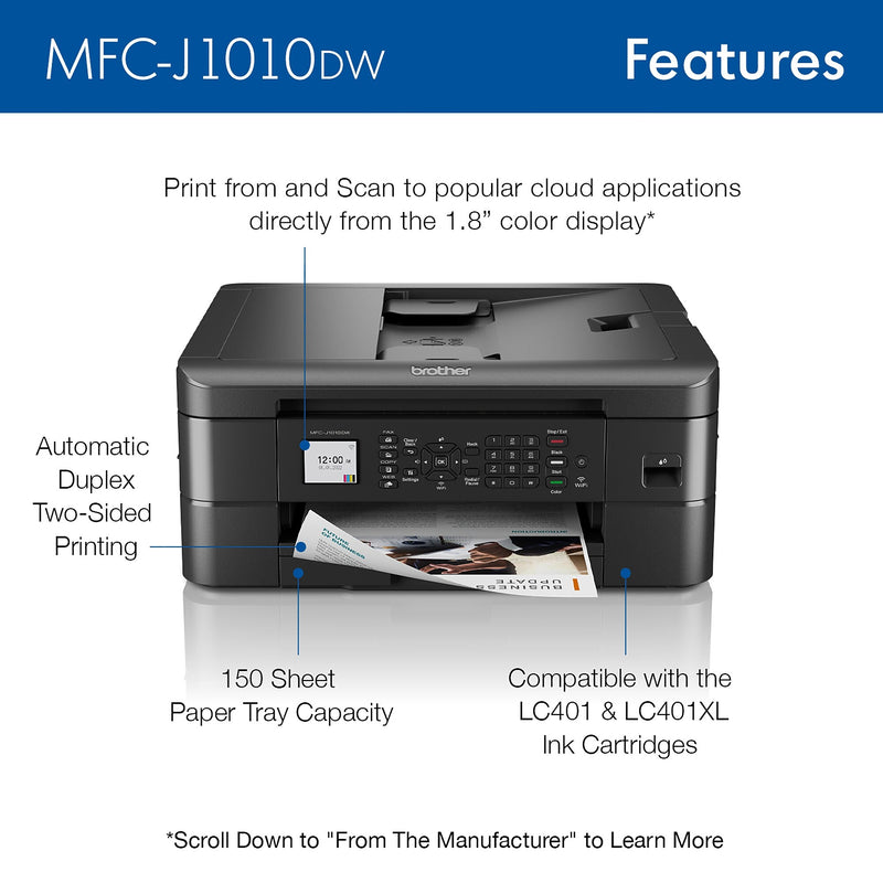Brother MFC-J1010DW Wireless Color Inkjet Printer, All-In-One, Print, Scan, Copy, Fax (MFCJ1010DW)