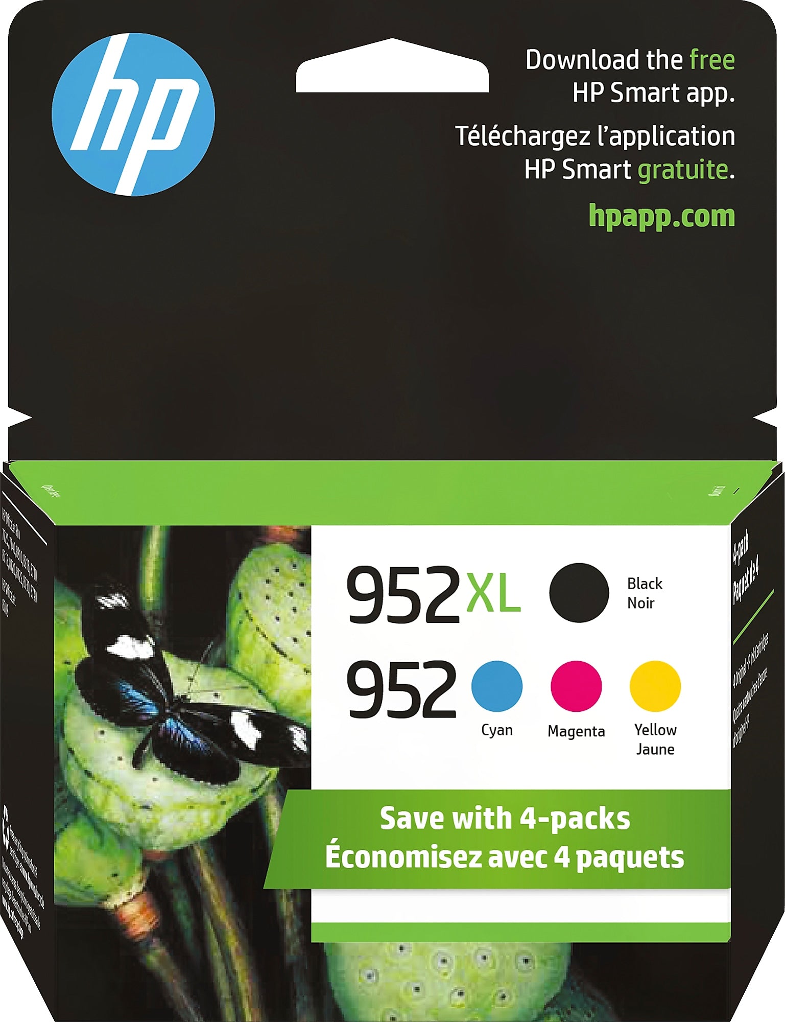 HP 952XL/952 Black High Yield and Cyan/Magenta/Yellow Standard Yield Ink Cartridge, 4/Pack (N9K28AN#140)