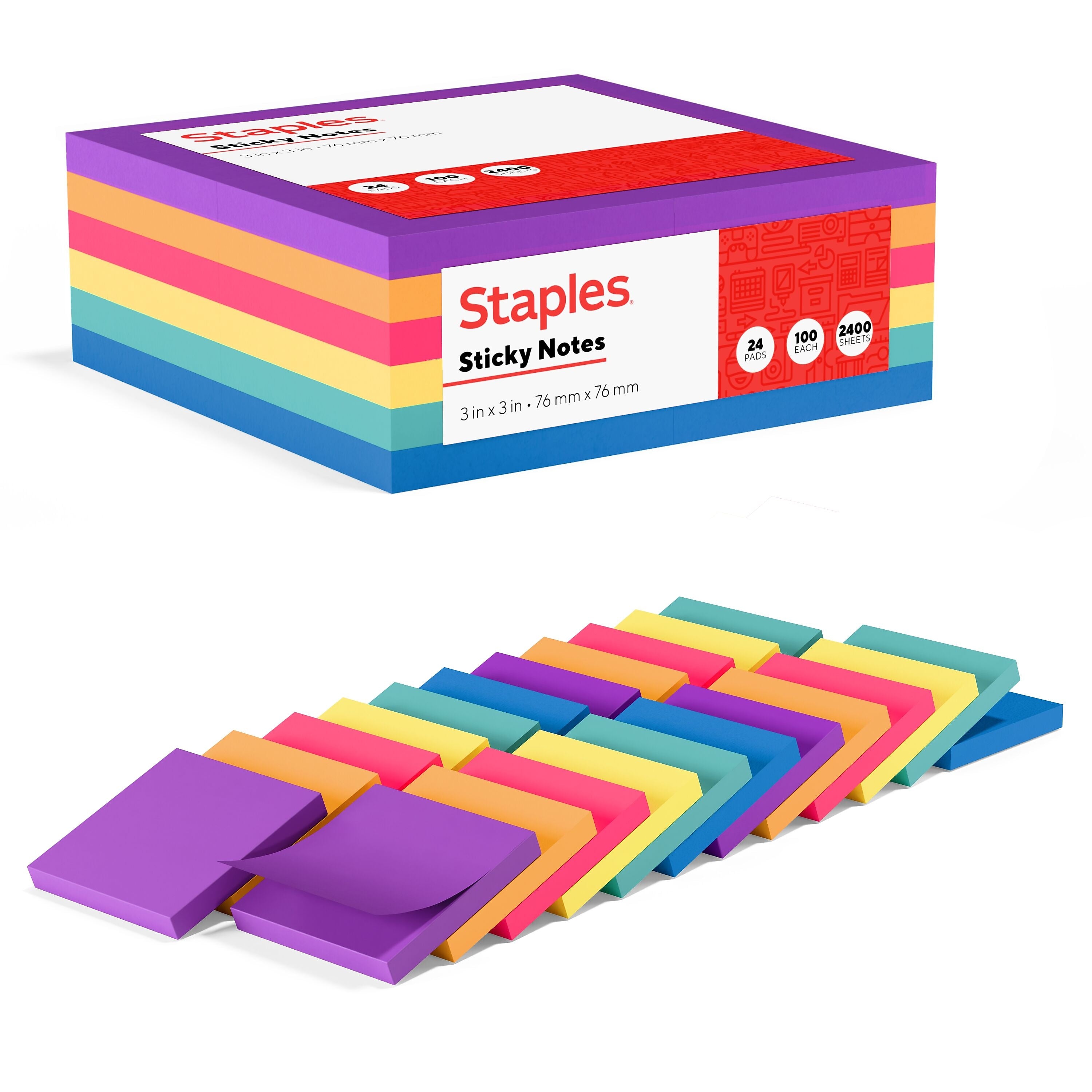 Staples Sticky Notes, 3" x 3", Sorbet Collection, 100 Sheets/Pad, 24 Pads/Pack (S-33BO24)