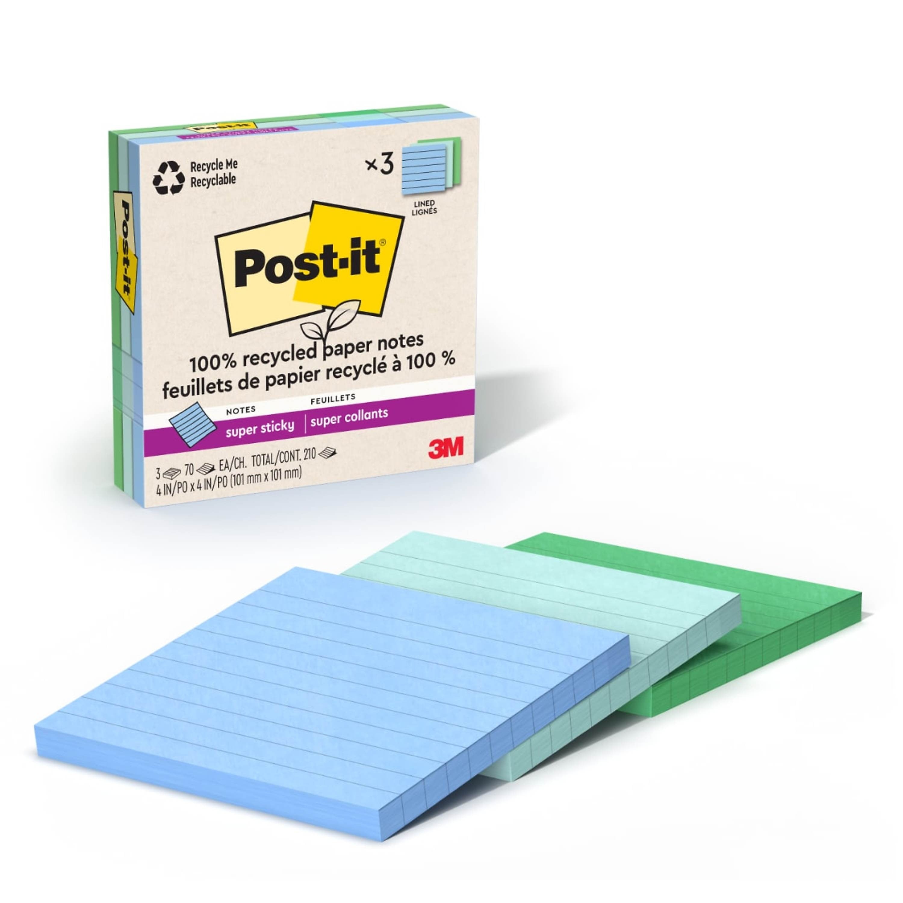 Post-it Oasis Recycled Super Sticky Notes, 4" x 4", Oasis Collection, Lined, 70 Sheets/Pad, 3 Pads/Pack (675R-3SST)