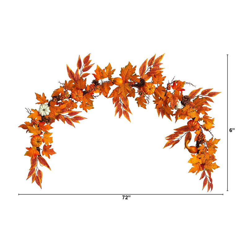 Nearly Natural 6' Assorted Autumn Maple Leaves, Pumpkins, Gourds, Berries and Pinecone Artificial Fall Garland (W1217)