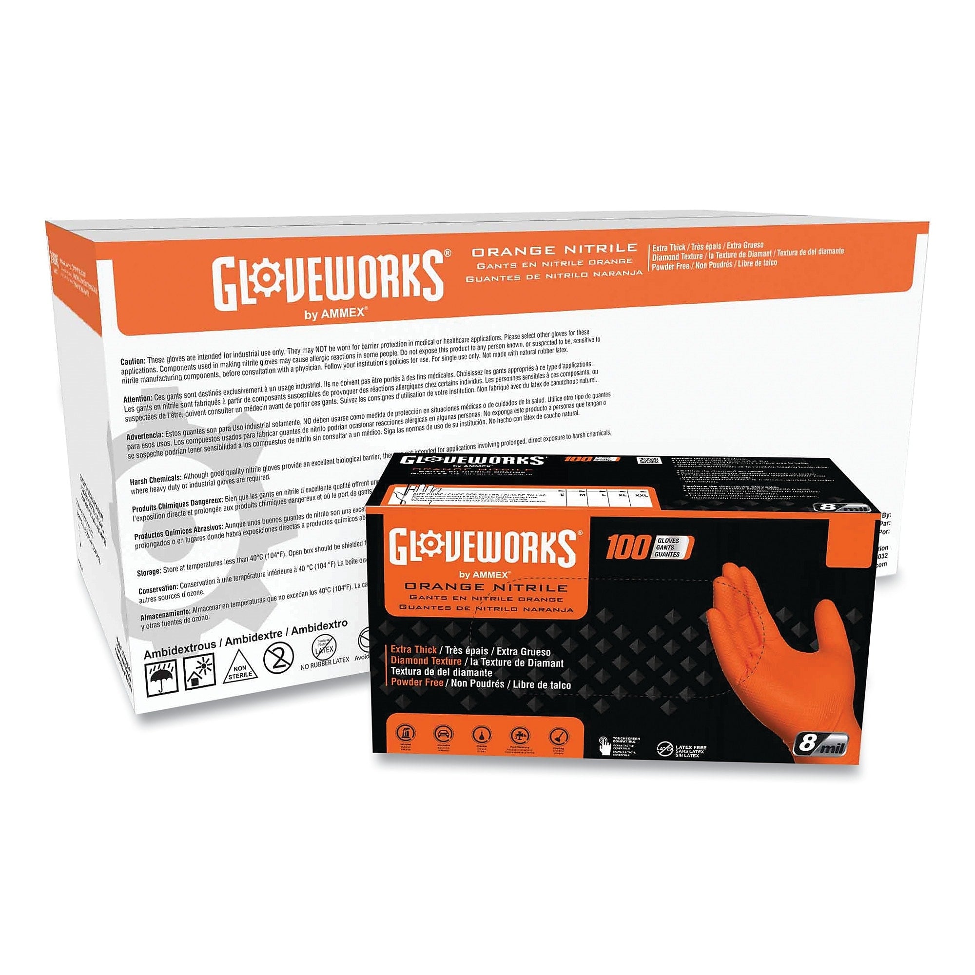 GloveWorks by AMMEX Heavy-Duty Industrial Nitrile Gloves, Powder-Free, 8 mil, Medium, Orange, 100 Gloves/Box, 10 Boxes/Carton