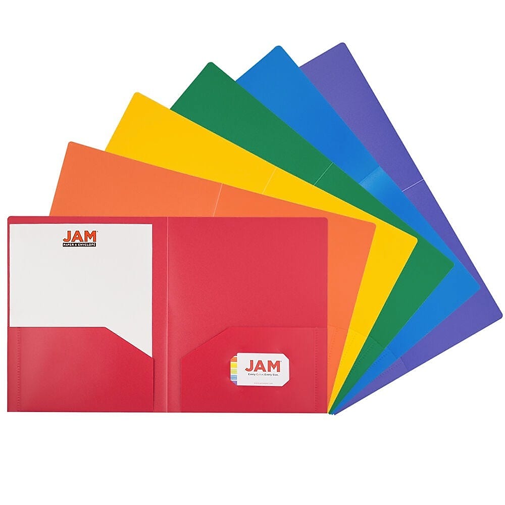 JAM Paper Heavy Duty 2 Pocket Folder, Plastic, Assorted Primary Colors, 12/Pack (383Hrgbyopb)