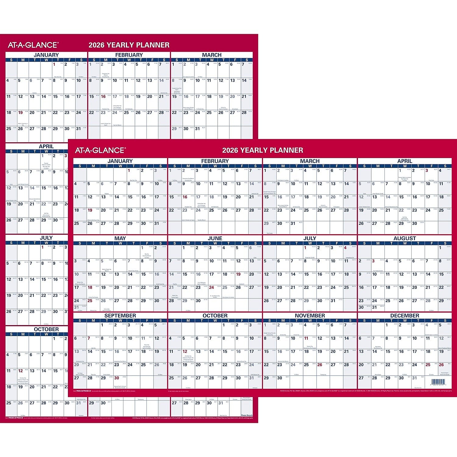 2026 AT-A-GLANCE 36" x 24" Yearly Dry Erase Wall Calendar, Reversible, White/Red (PM26-28-26)