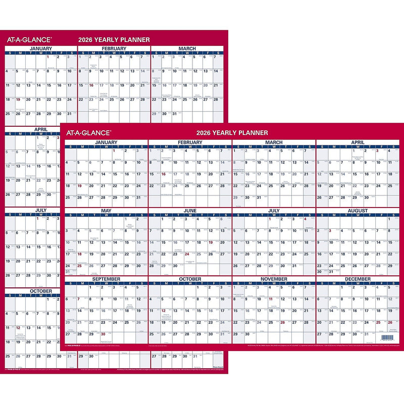 2026 AT-A-GLANCE 36" x 24" Yearly Dry Erase Wall Calendar, Reversible, White/Red (PM26-28-26)