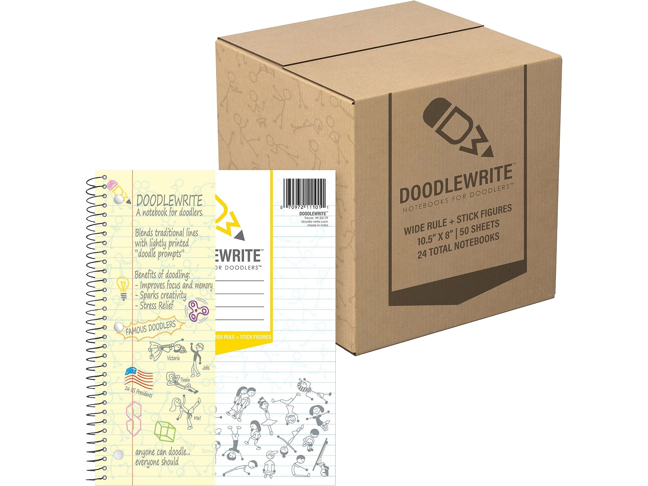 DOODLEWRITE 1-Subject Notebooks, 8" x 10.5", Wide Ruled, 50 Sheets, White, /Carton (11101CS)