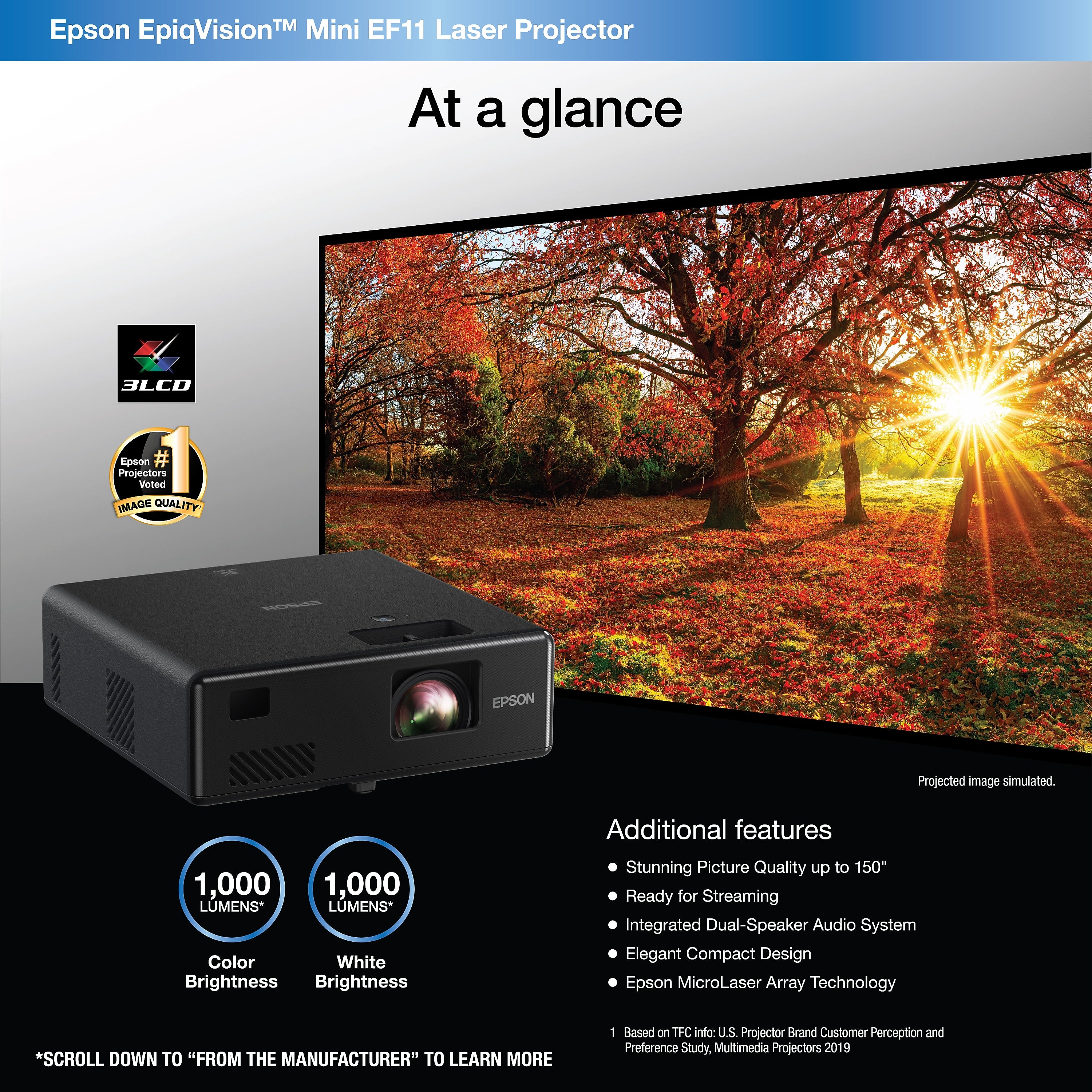 Epson EpiqVision Mini EF11 Laser Portable Projector, Black (V11HA23020)