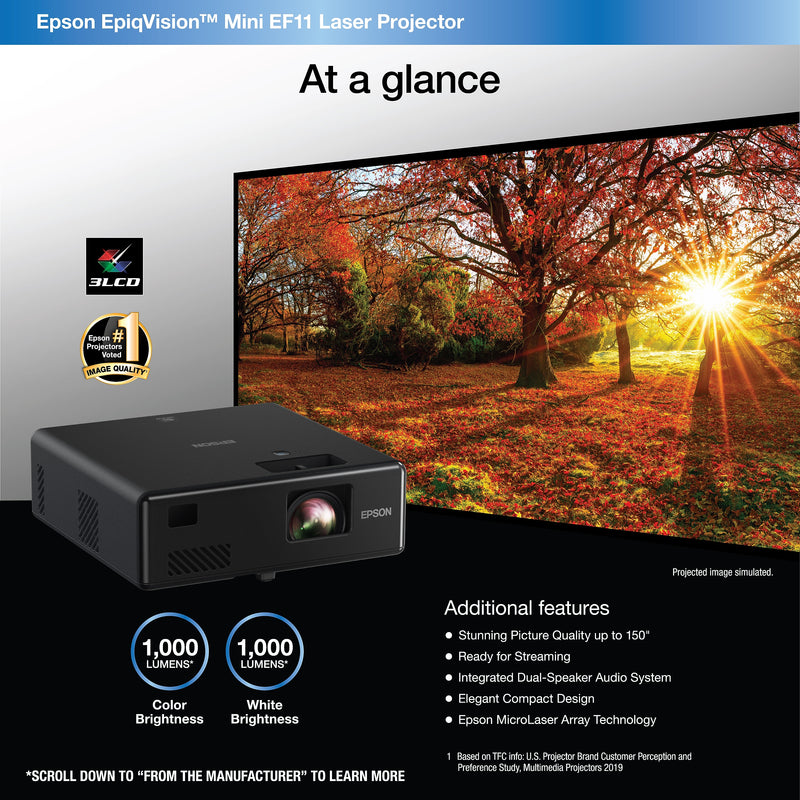 Epson EpiqVision Mini EF11 Laser Portable Projector, Black (V11HA23020)