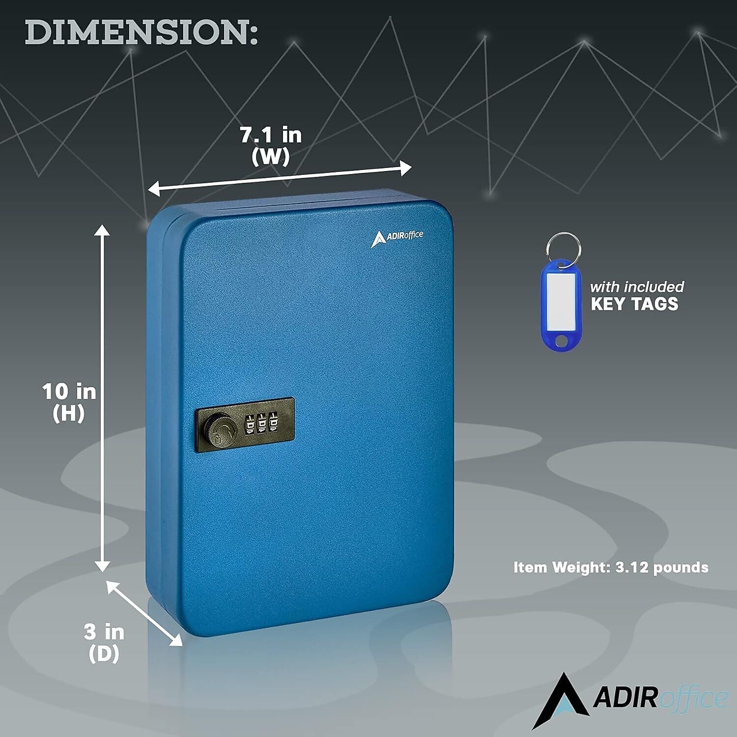 AdirOffice 48-Key Cabinet with Combination Lock and Key Tags, Blue (682-48-BLU-689-PKG)
